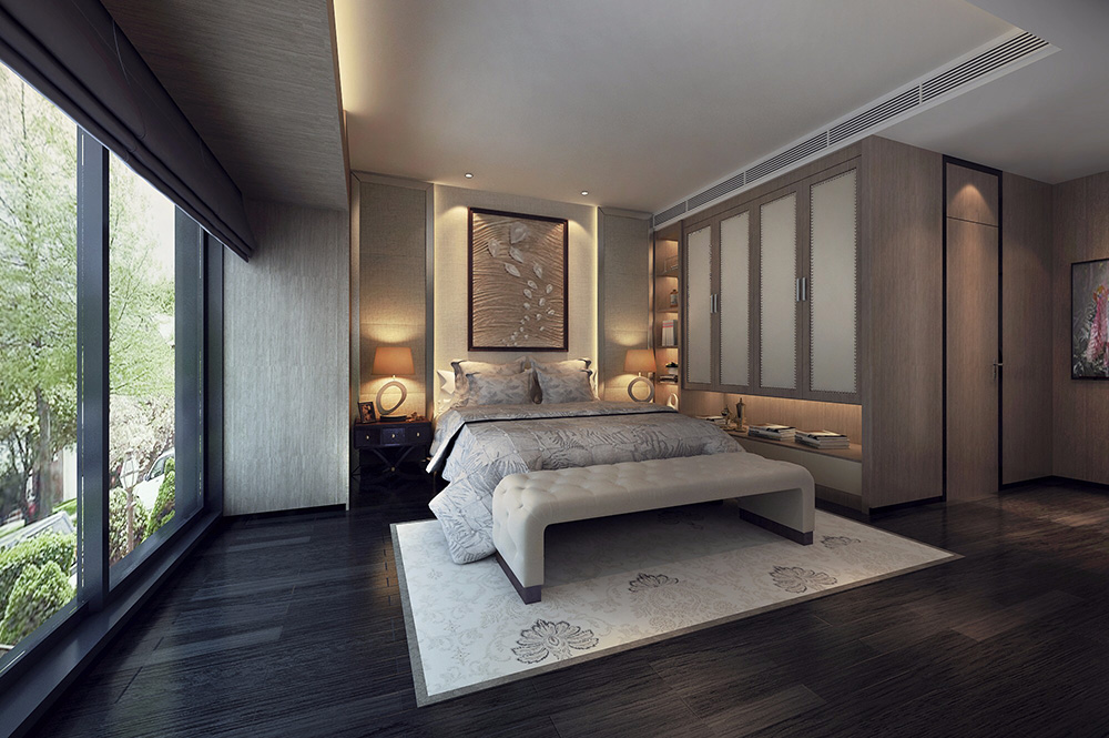 黑白灰现代简约风格别墅装修效果图-名都畔山美墅别墅450平米-别墅卧室